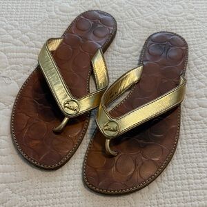 Coach Signture Fold Logo Gold and Brown Sandals